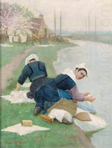 Women Washing Laundry on a River Bank, oil painting by Lionel Walden, Lionel Walden